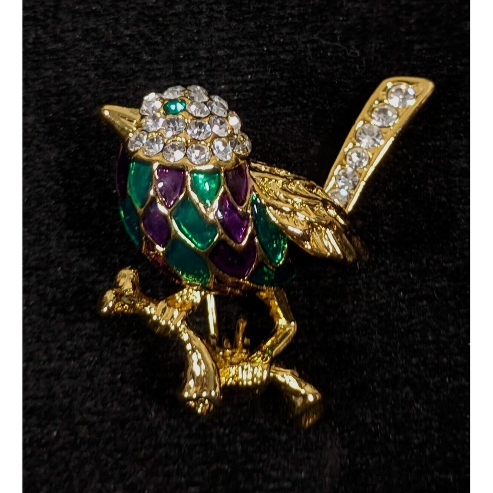 Purple Green Enamel Hummingbird Bird Crystal Pavel Brooch Pin Gold Tone‎